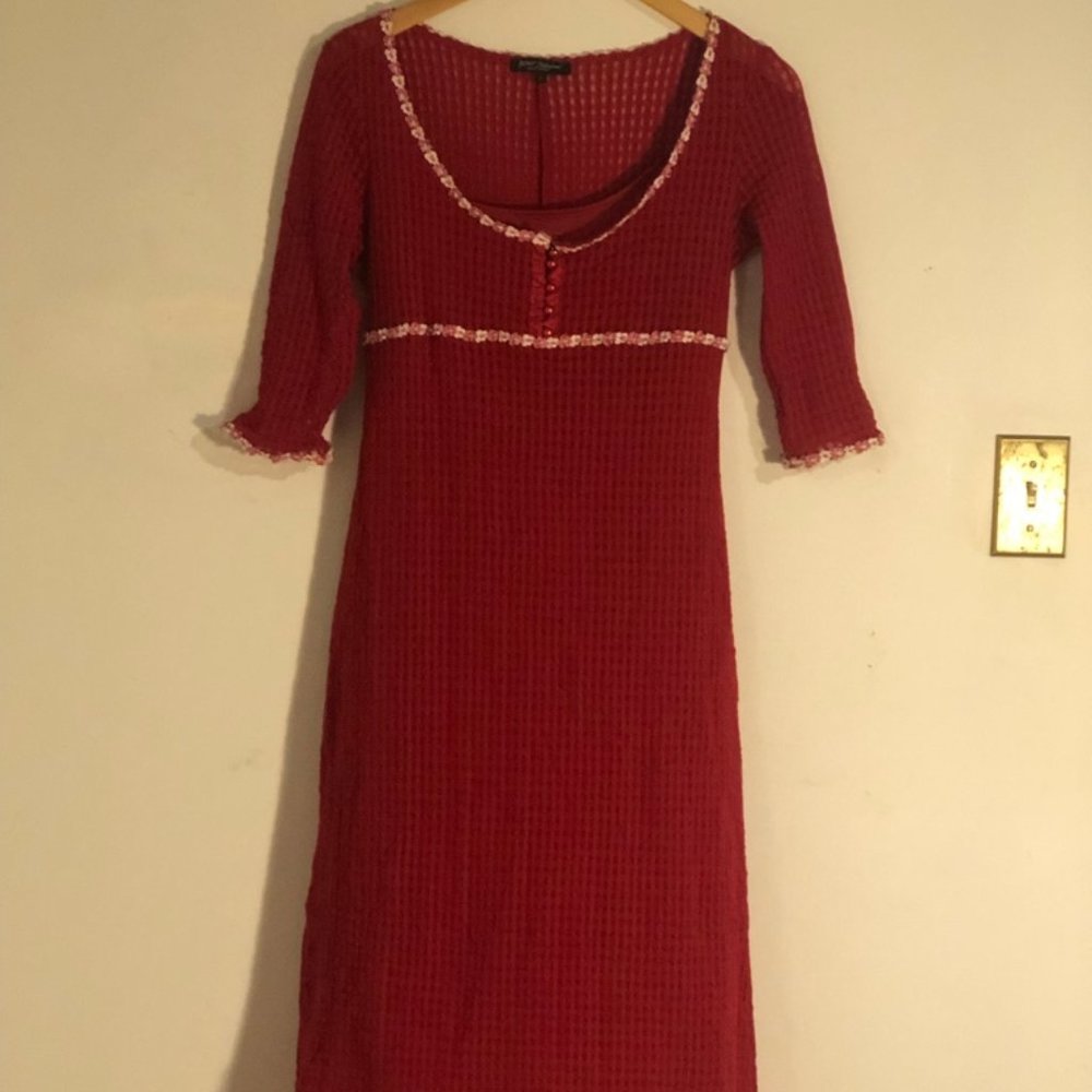 Betsey Johnson, red dress with flower neckline and 3/4 sleeve. Large.